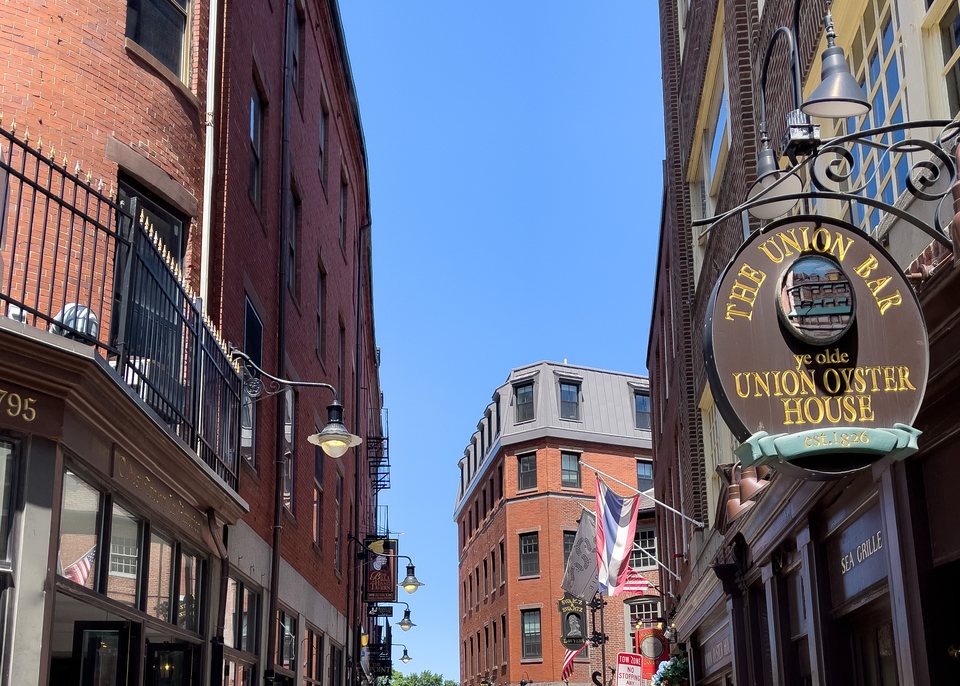 Union Oyster House sign on a brick building in Boston, Massachusetts