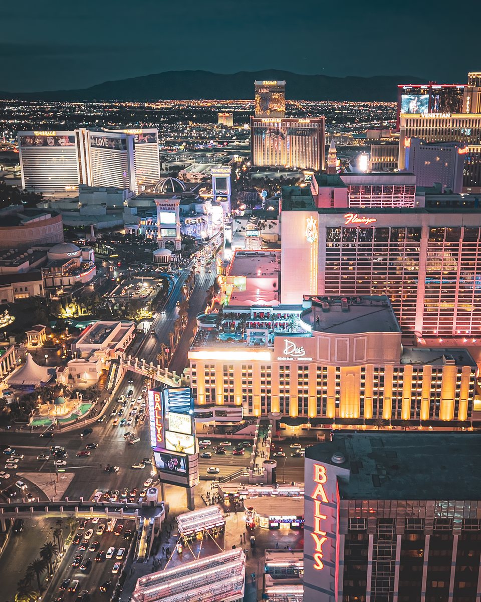 Las Vegas Strip hotels and city lights photographed from above at night